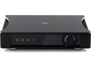 Amplificatore hi-fi stereo Rega Aethos nero, vista frontale, pannello frontale con pulsanti e manopola, 2 altoparlanti laterali