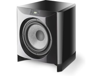 Caisson de grave Focal Electra SW 1000 Be2 noir laqué, vue de face, haut-parleur circulaire central, façade noire brillante