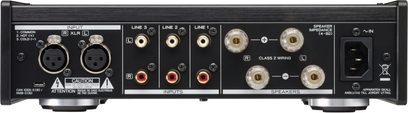 TEAC AX-505 sort hi-fi stereforstærker, set forfra, med indgangs- og udgangsstik, justeringskontroller og LED-indikatorer