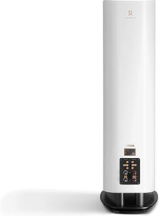 Altavoz de columna Canton Reference 5 blanco mate visto desde atrás, bornes y controles en panel negro, base ovalada negra