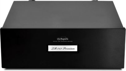 Line Magnetic LM-845 Premium sort hi-fi stereoforstærker, set forfra, rektangulært kabinet, front med sølvfarvet logo