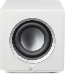 MartinLogan Abyss 8 subwoofer wit satijn met een mat witte voorkant en zichtbare ronde luidspreker