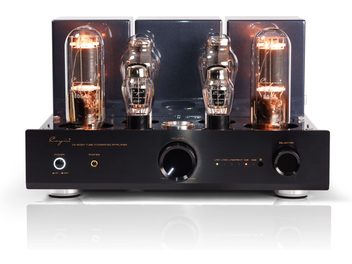 Fekete fém Cayin CS-805A csöves sztereó integrált erősítő, előlről nézve, négy nagy, megvilágított üveg csővel, ecsetelt homlokpannél, középen nagy hangerő-szabályzó gombbal, válogató gombbal, fülhallgató csatlakozóval és fényjelzőkkel