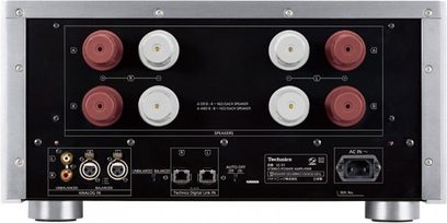 Technics SE-R1E-S sølv forstærker, front, 8 højttalerterminaler, 2 hovedtelefonstik, knapper, digitalt display