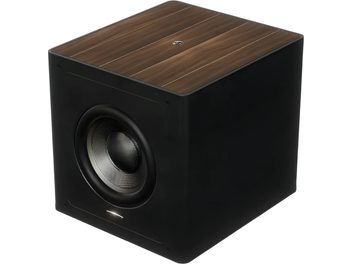 Subwoofer Sonus Faber Gravis III černý, s hnědým žilkovaným vrchem a viditelným předním reproduktorem v tříčtvrtečním pohledu