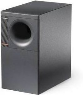 Bose Acoustimass 3 sort baskabin, 3/4 forsidefremvisning, kubisk form med cirkulær højttaler på forsiden