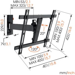 Vippbart og drejelig vægbeslag til fladskærm fra Vogel's WALL 3225, i sort metal, med angivne dimensioner og rotationsvinkler