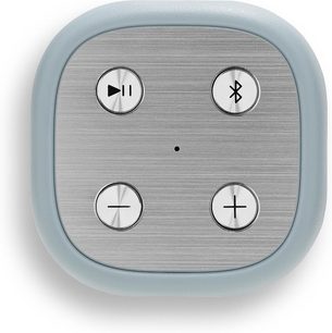 Himmelblaue Roberts Reunion Bluetooth-Lautsprecher, Draufsicht, gebürstete Metalloberfläche, vier runde Tasten, zentrale LED