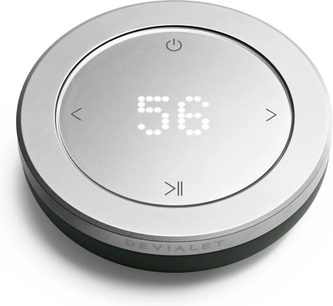 Hi-fi dálkový ovladač DEVIALET Remote Deep Forest kulatý ze stříbrného kovu, tmavě zelený okraj a světelný displej 56