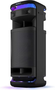Przenośny głośnik bluetooth Sony ULT TOWER 10, widok z trzech czwartych, czarna metalowa kratka, niebieskie i fioletowe oświetlenie LED