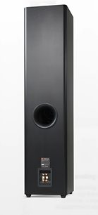 JBL Studio 290 sort søjlehøjttaler, set forfra, mat sort kabinet, rund højttaler, LED-display, minimalistisk front