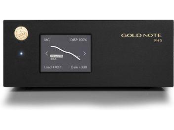 Předzesilovač Gold Note PH-5 v černé barvě s displejem zobrazujícím "ENHANCED RIAA Load 470Ω Gain +3dB", zlatým tlačítkem a zlatým dílem