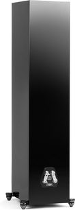 MartinLogan Motion XT F200 søjlehøjttaler i sort lak, set fra trekvart vinkel, glat overflade, terminal synlig nederst, vinkelformede fødder