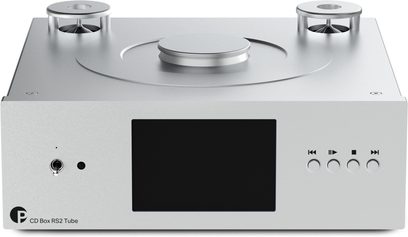 Lettore CD hi-fi Pro-Ject CD Box RS2 Tube argento, vista frontale, chassis argento con caricamento dall'alto