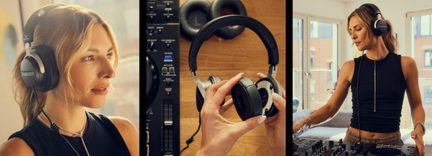 Triptykon af en sort og sølv over-ear-hovedtelefon, plastik og metal, metalbøjle, person og DJ-controller indendørs