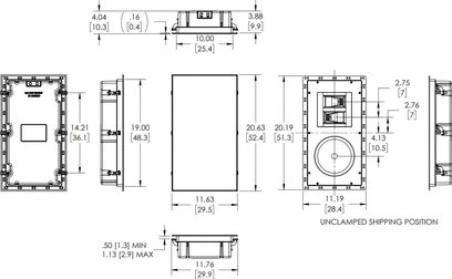 Technische Zeichnung mit Abmessungen einer Klipsch THX-8000-S Einbaulautsprecher für Wandmontage, Vorder- und Seitenansicht