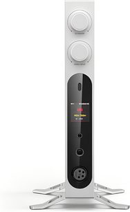 Preamplificatore cuffie hi-fi FiiO K19 argento, corpo in alluminio spazzolato con fascia centrale nera lucida che integra uno schermo a colori, due grandi potenziometri sovrapposti in alto, piccoli pulsanti e presa cuffie XLR bilanciata in basso, posizionato su supporto metallico, vista frontale