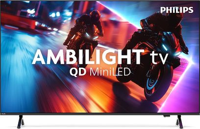 Philips 55MLED910 TV i sort, med tynd ramme i metal og satinplast, skråtstillede sideben, QD MiniLED-skærm der viser en dynamisk scene, set forfra