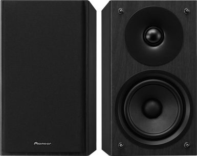 Altavoz de estantería Pioneer negro, vista frontal, tweeter y altavoz de medios/graves, panel frontal de madera oscura
