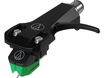 Audio-Technica AT-VM95E/H phono cartridge mounted on black headshell with green stylus, side view