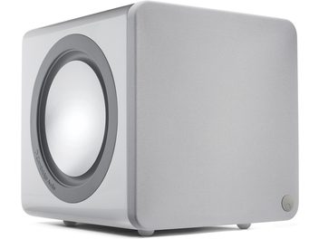 Cambridge Audio Minx X201 vit subwoofer, kompakt kubisk form, mörkgrå cirkulär högtalare, metallgaller