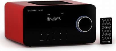 Rød og sort Scansonic SC-R5R hi-fi-anlæg, set forfra, med LCD-skærm, knapper og kontrolknap