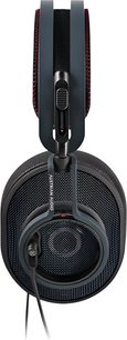 Căști hifi cu fir deschise Austrian Audio The Composer, gri antracit și negru, din metal și plastic, vedere din față ce evidențiază cupa cu grilaj metalic perforat, cablu detașabil și bandă de susținere căptușită cu cusături roșii