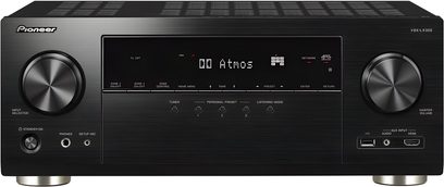 Pioneer VSX-LX305 sort hjemmebiografsforstærker, set forfra, blå LED-display, sølvfarvede knapper og drejeknapper, 2 hovedtelefonstik