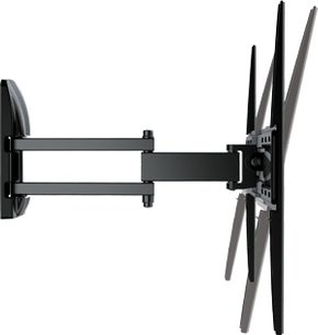 Vægmonteret, justerbar sort TV-arm fra Meliconi GS S600 Plus, med udstrakte og vippede arme, set forfra på hvid baggrund