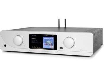 Atoll SDA300 Signature stereoforstærker i sølv, aluminiumsfront, LCD-skærm der viser musikalbum
