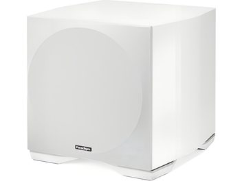 Paradigm Defiance S10 -valkoinen subwoofer, lakkakotelo, kangaspeitteinen etu, kulmaiset jalat, kolmen neljäsosan -näkymä