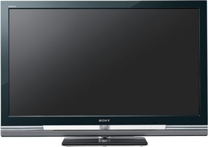 Vypnutý plochý televizor Sony KDL-52W4000 v černé barvě, zepředu, umístěný na podstavci