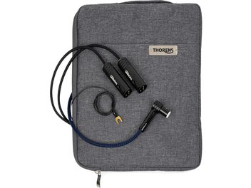 Draufsicht auf ein Thorens PhonoConnect PHS 150 DIN-XLR 1,5 m Phonokabel in Schwarz mit blau-schwarzem Textilgeflecht, ausgestattet mit zwei schwarzen XLR-Metallsteckern, einem abgewinkelten DIN-Stecker und einem Massekabel mit vergoldeter Öse, abgelegt auf einer grauen Stofftasche