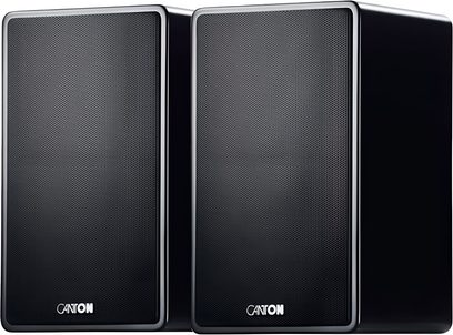Monitoare de studio Canton AM 5 negru lăcuit cu grilă metalică fină, pereche compactă văzută din față