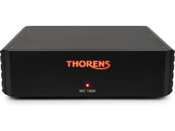 Thorens MC 1600 black phono preamp, front panel with illuminated red logo and LED indicator
