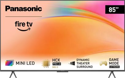 Panasonic TV-85W95BEG 85-tommers højopløsnings-tv, fladskærm med sort mat slank ramme og to metalben, set forfra