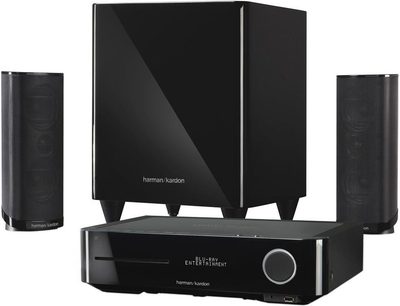 Harman Kardon BDS 300 hjemmekinoanlegg, hovedenhet, 2 gulvhøyttalere, 2 bokhyllehøyttalere, sett forfra