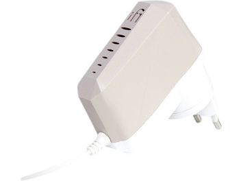 iFi Audio iPower X 12V smėlio spalvos daugiafunkcinis lizdas su balta maitinimo jungtimi ir baltu kabeliu, vaizdas kampu