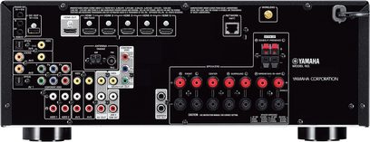 Yamaha RX-V677 sort hjemmebiografsforstærker, frontpanel, frontvisning, audio/video-tilslutninger, knapper og drejeknapper til justering