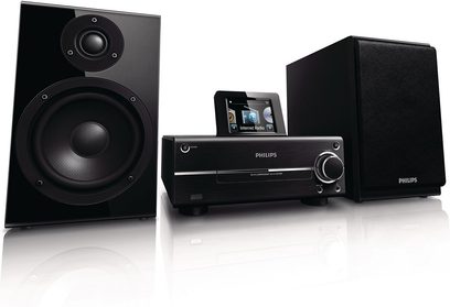 Philips MCI730 sort hi-fi-anlæg i sort bestående af to højttalere, en basreflekskabinet og en cd-afspiller med LCD-skærm