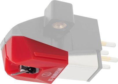 Diamant til pladespiller AT-VMN95ML, sort vinklet krop, rød skal, synlig nålespids, guldbelagte metalforbindelser på bagsiden
