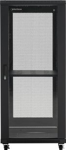 Norstone Pro Rack 27U svart IT-skap med perforert bikubemønstret frontdør, sidehåndtak og synlige hjul