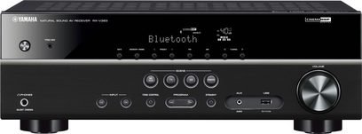 Önden görünüşlü siyah Yamaha RX-V383 ev sinema amplifikatörü, mavi LED ekranı, gümüş renkli düğme ve kontrol kolları
