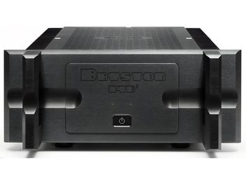 Ενισχυτής ισχύος hi-fi Bryston 14B3 σε μαύρο χρώμα, με μετωπική πρόσοψη από βουρτσισμένο μέταλλο, μεγάλες χειρολαβές και κεντρικό διακόπτη λειτουργίας