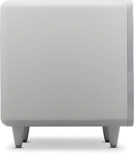 Cambridge Audio MSX Sub 300 subwoofer wit zijaanzicht op pootjes met afgeronde behuizing en getextureerd frontrooster