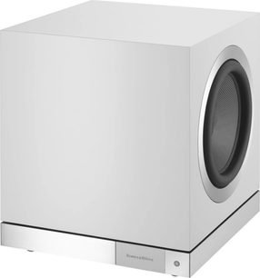 Bowers & Wilkins DB2D satengblankt subbasshøyttalerhus, frontvisning, kubisk form, svart rund høyttaler i midten
