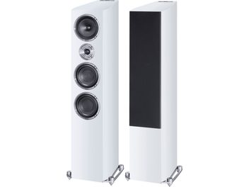 Heco Celan Revolution 7 witte vloerstaande luidspreker, vooraanzicht en zijaanzicht, 4 luidsprekers, tweeter, middenunit, 2 woofers, witte gelakte afwerking