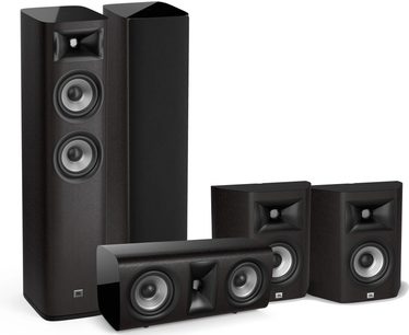 JBL Studio 680 dark walnut gulvhøjttalersæt, 2 gulvhøjttalere og 3 sorte boghyldehøjttalere, synlige højttalerenheder