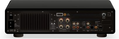 Rear view of the matte black Sonoro Maestro all-in-one hi-fi system with audio connections and antennas