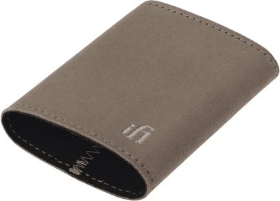 iFi Audio Hip Dac 3 Etui aus taupefarbenem Wildlederimitat, seitlich offener Schuber, iFi-Logo und sichtbare Nähte, schräge Ansicht